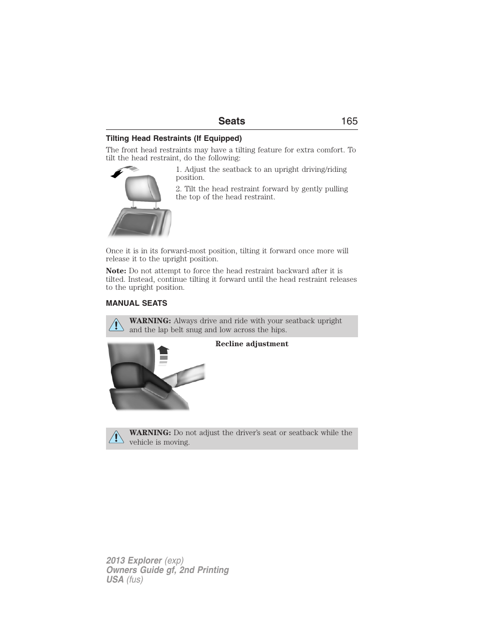 Tilting head restraints (if equipped), Manual seats, Seats 165 | FORD 2013 Explorer v.2 User Manual | Page 165 / 565