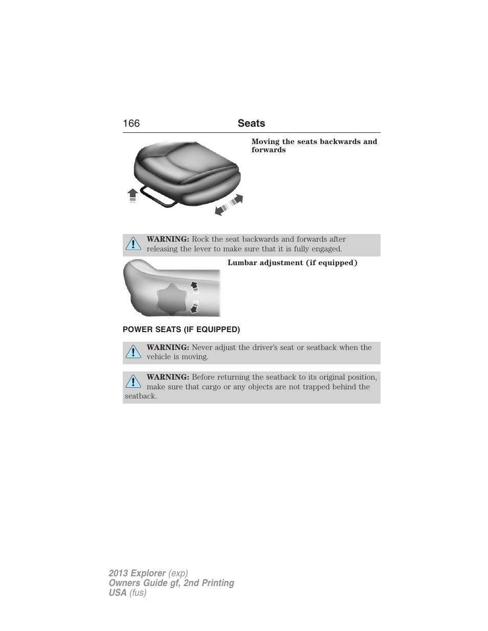 Power seats (if equipped), Power seats, 166 seats | FORD 2013 Explorer v.2 User Manual | Page 166 / 565