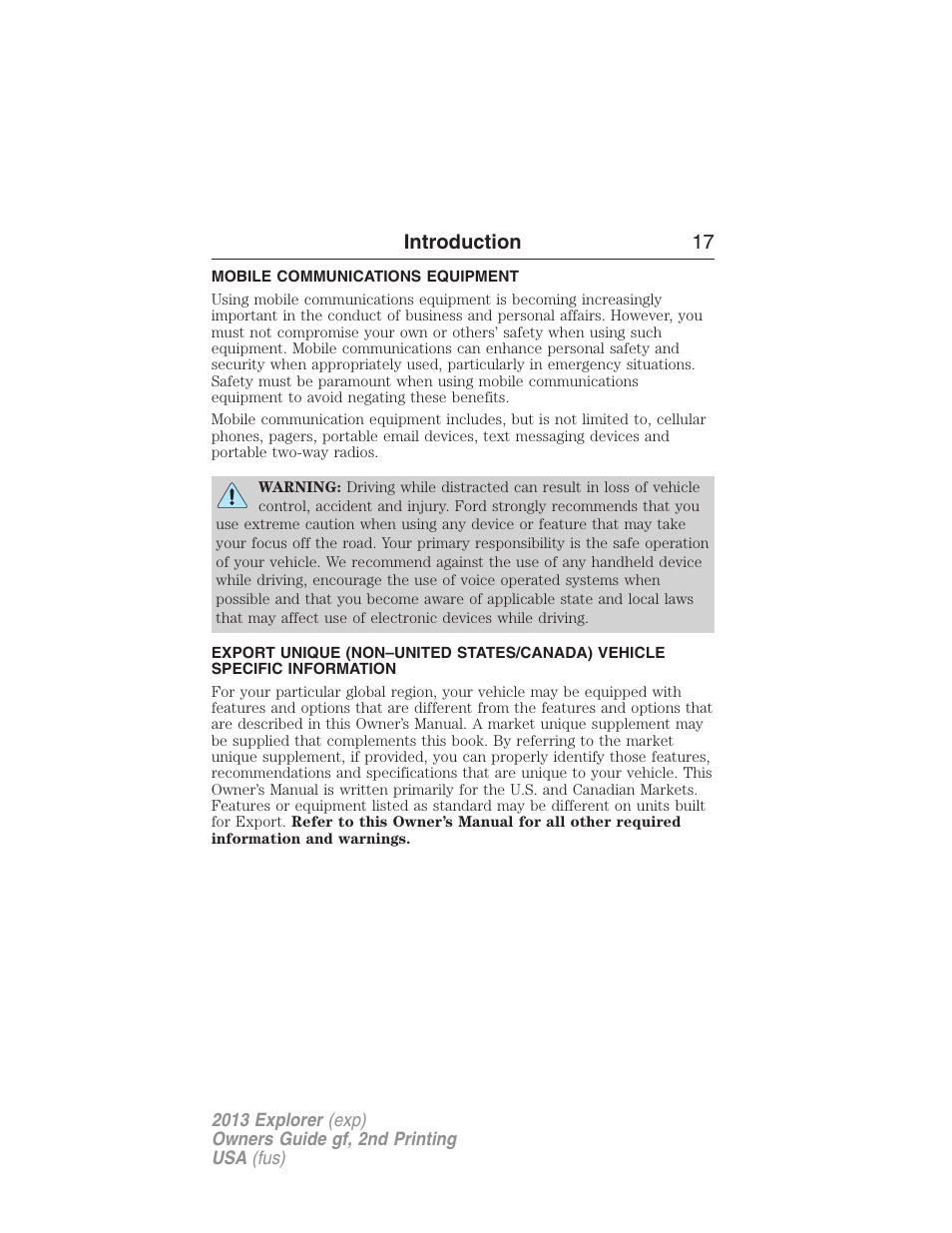 Mobile communications equipment, Introduction 17 | FORD 2013 Explorer v.2 User Manual | Page 17 / 565