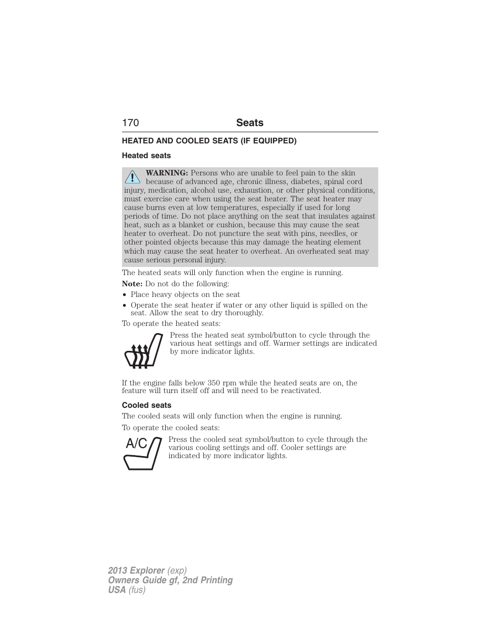 Heated and cooled seats (if equipped), Heated seats, Cooled seats | Heated and cooled seats, 170 seats | FORD 2013 Explorer v.2 User Manual | Page 170 / 565