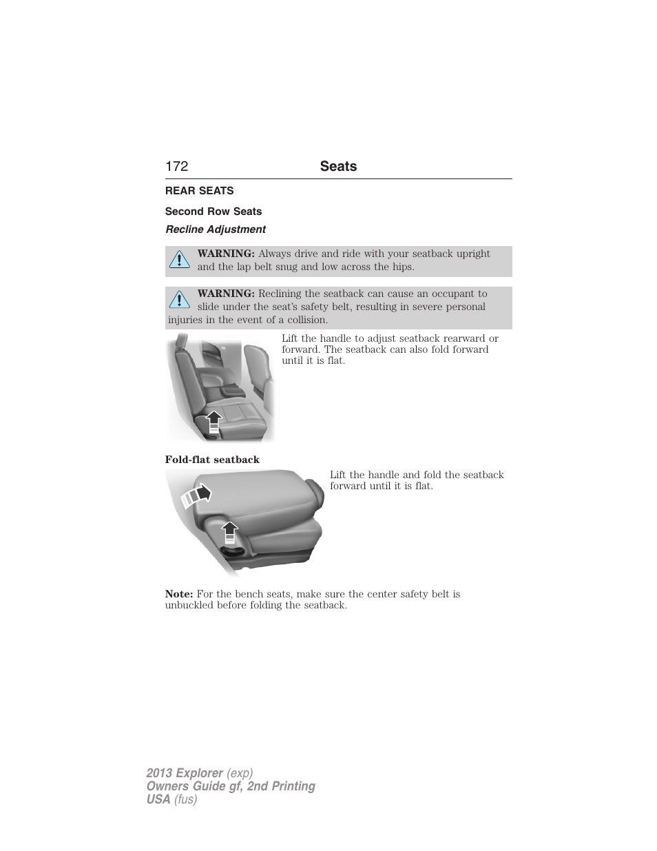 Rear seats, Second row seats, Recline adjustment | 172 seats | FORD 2013 Explorer v.2 User Manual | Page 172 / 565