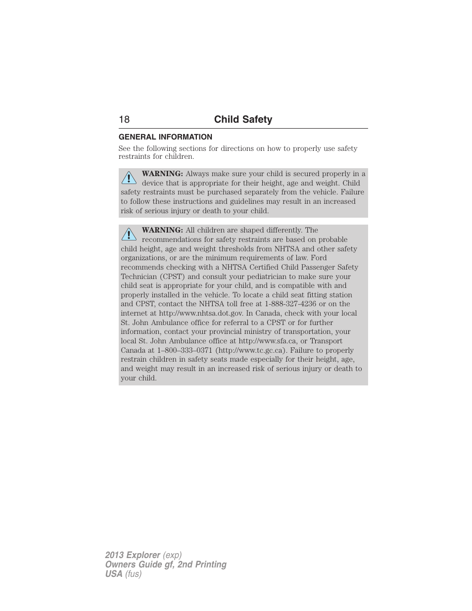 Child safety, General information, 18 child safety | FORD 2013 Explorer v.2 User Manual | Page 18 / 565