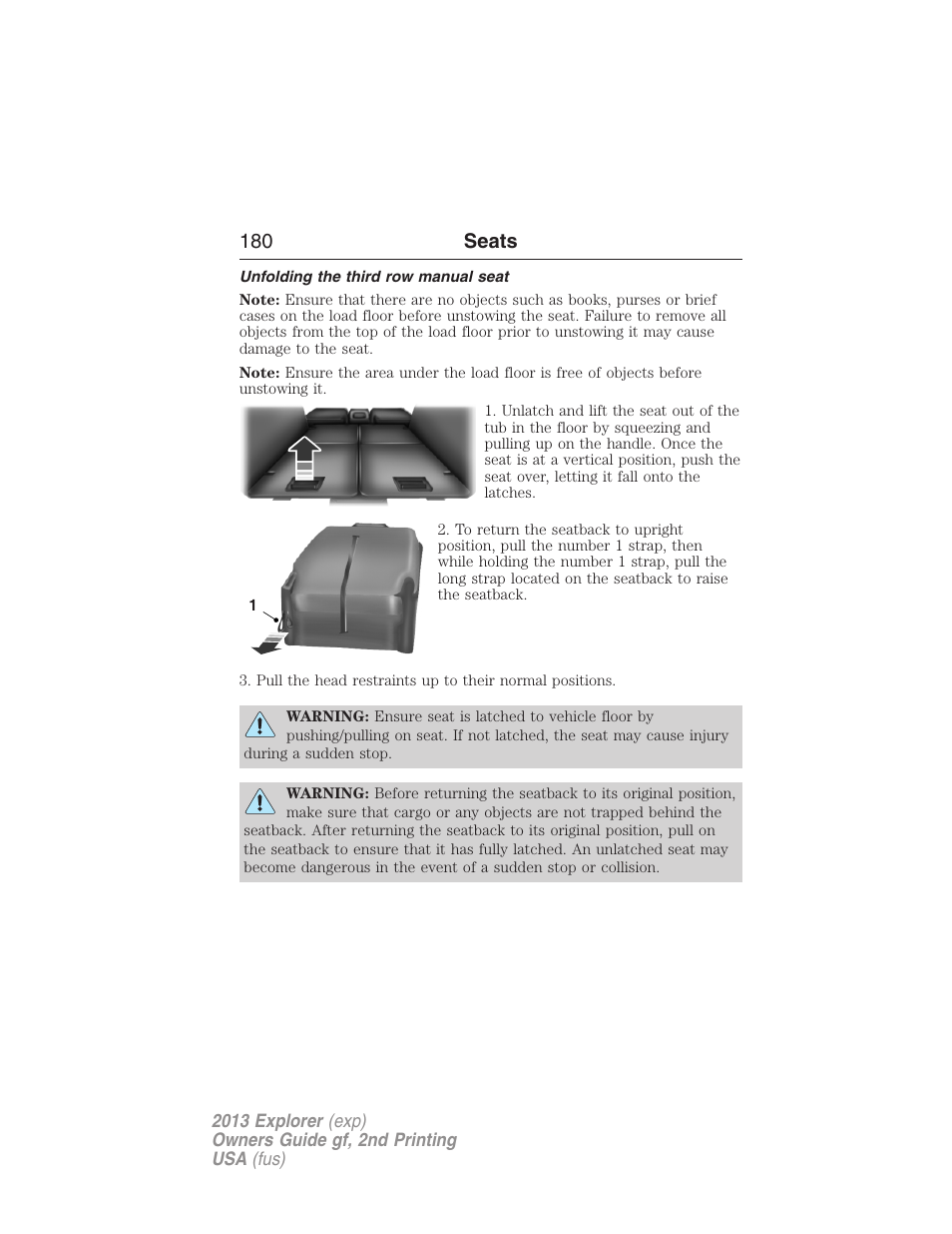 Unfolding the third row manual seat, 180 seats | FORD 2013 Explorer v.2 User Manual | Page 180 / 565