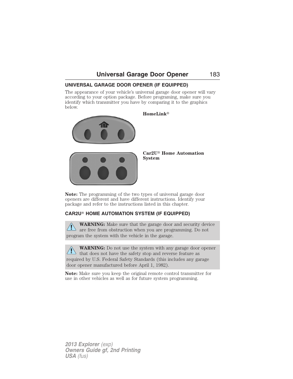 Universal garage door opener, Universal garage door opener (if equipped), Car2u? home automation system (if equipped) | Car2u, Home automation system, Universal garage door opener 183 | FORD 2013 Explorer v.2 User Manual | Page 183 / 565
