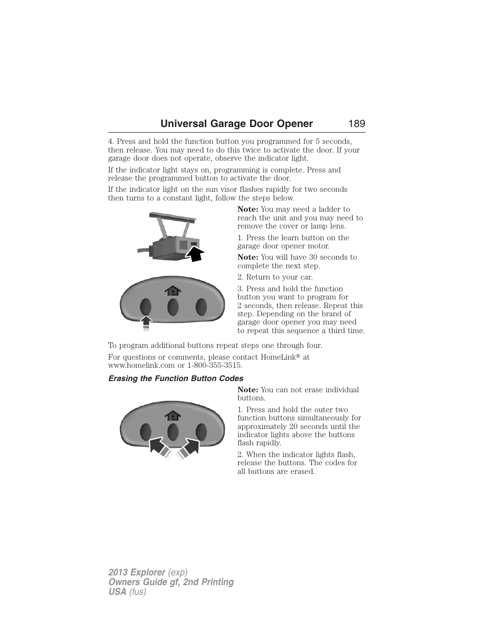 Erasing the function button codes, Universal garage door opener 189 | FORD 2013 Explorer v.2 User Manual | Page 189 / 565