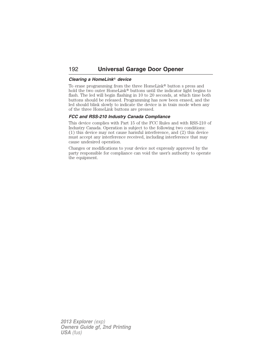 Clearing a homelink? device, Fcc and rss-210 industry canada compliance, 192 universal garage door opener | FORD 2013 Explorer v.2 User Manual | Page 192 / 565