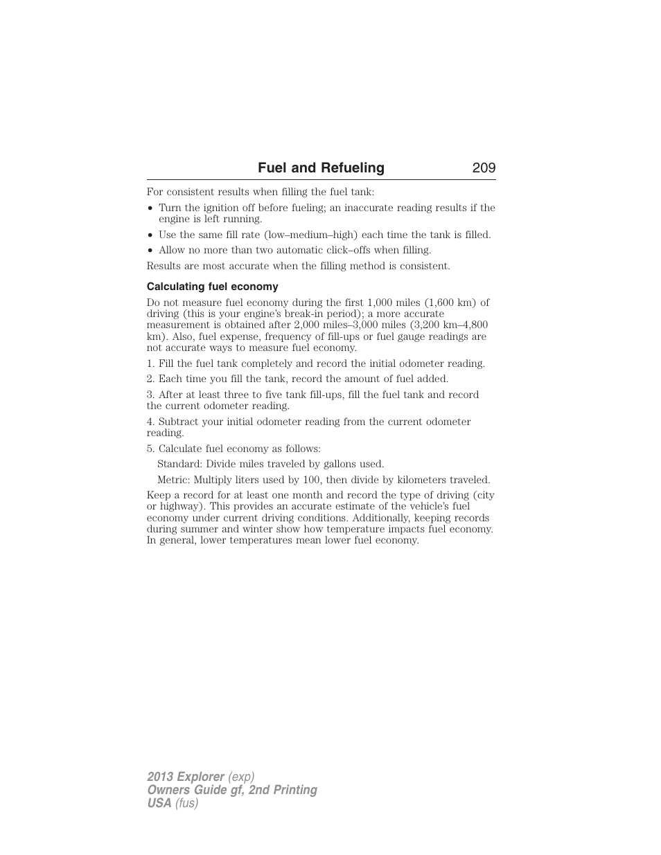 Calculating fuel economy, Fuel and refueling 209 | FORD 2013 Explorer v.2 User Manual | Page 209 / 565