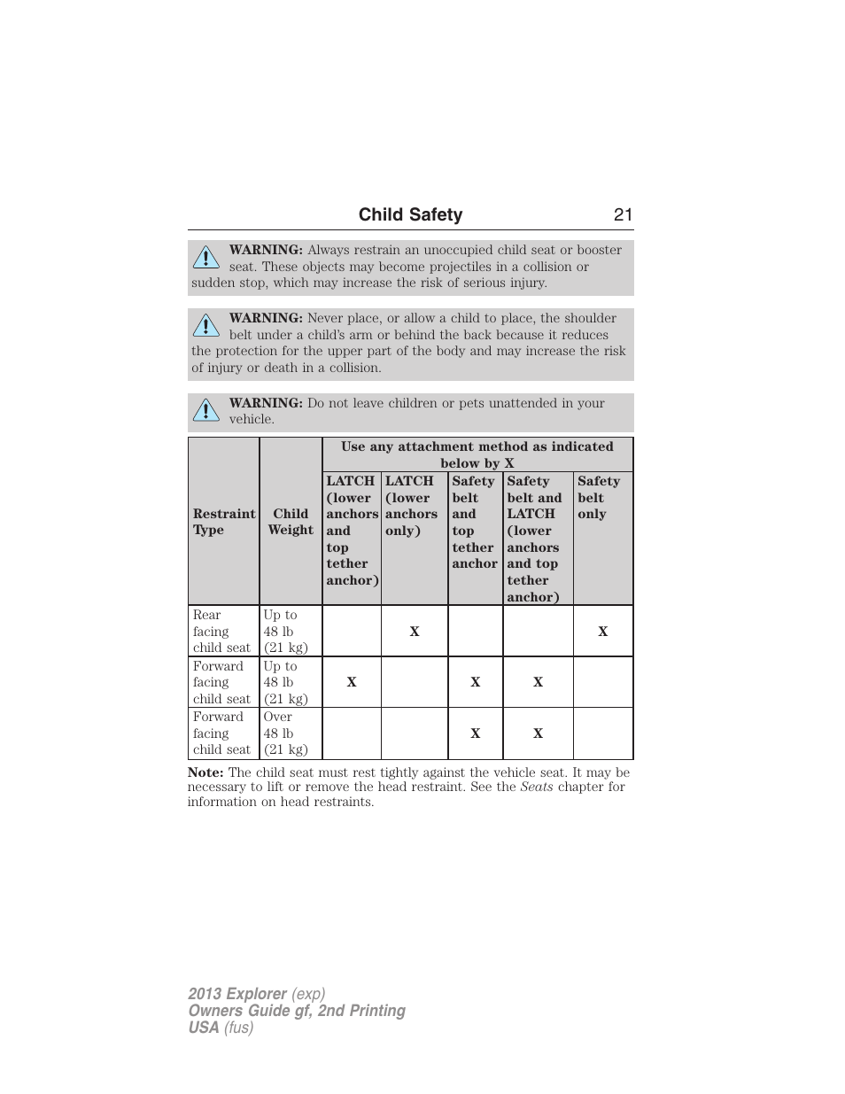 Child safety 21 | FORD 2013 Explorer v.2 User Manual | Page 21 / 565