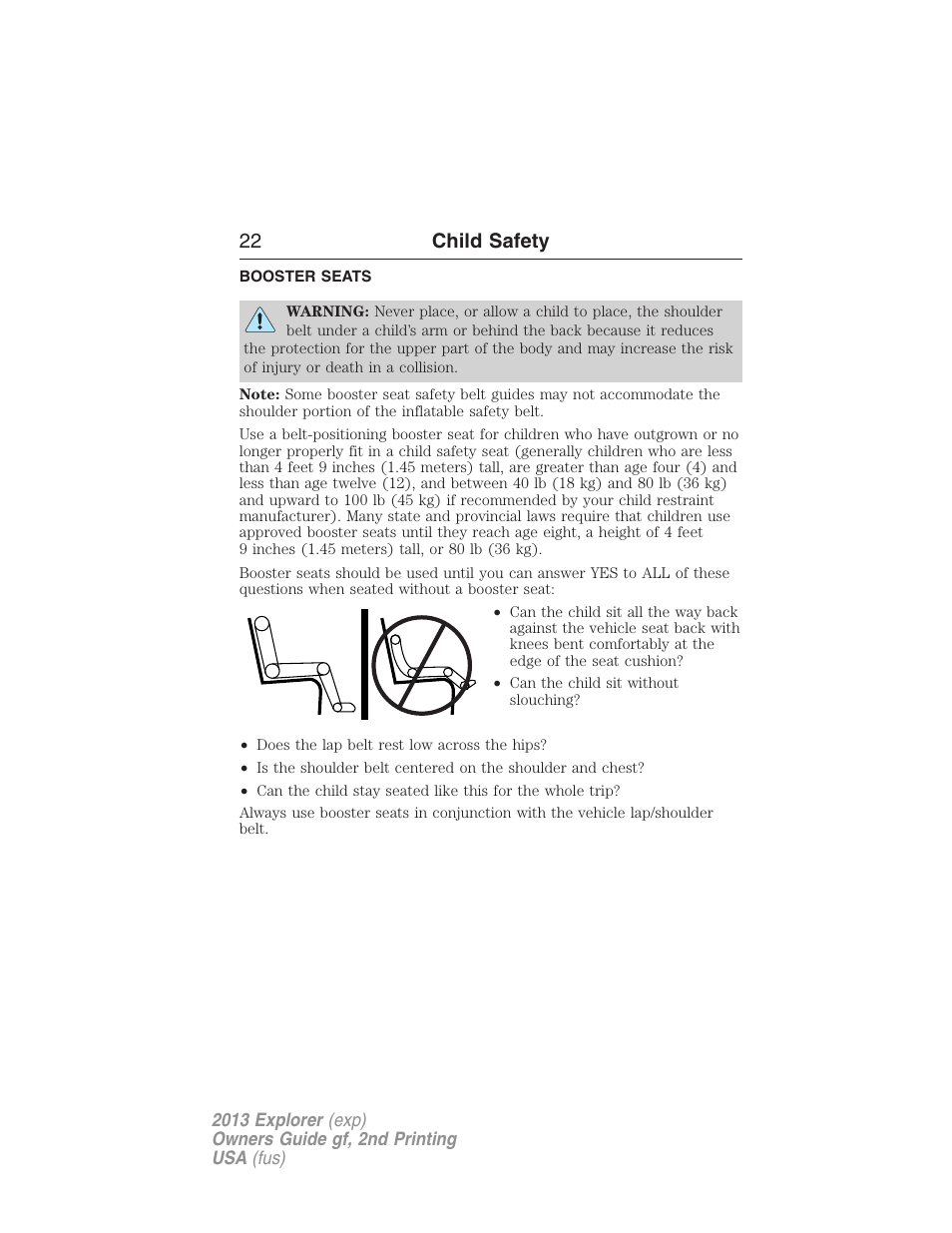 Booster seats, 22 child safety | FORD 2013 Explorer v.2 User Manual | Page 22 / 565