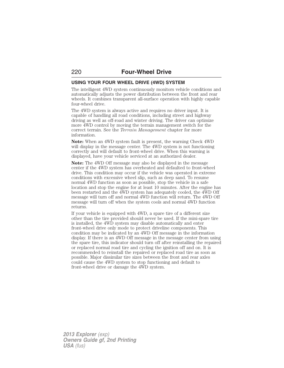 Four-wheel drive, Using your four wheel drive (4wd) system, Four wheel drive | 220 four-wheel drive | FORD 2013 Explorer v.2 User Manual | Page 220 / 565