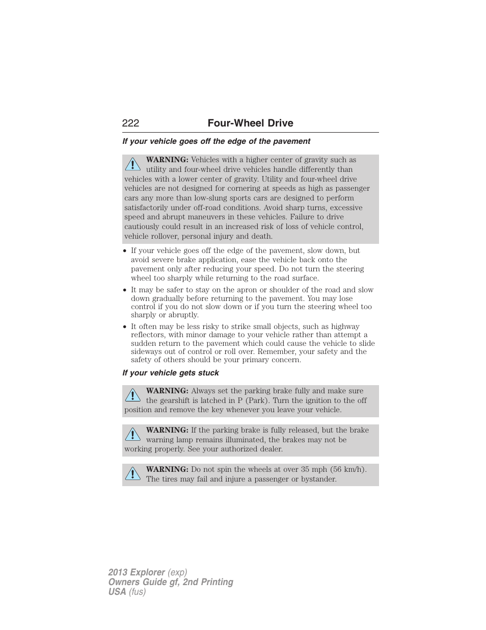 If your vehicle goes off the edge of the pavement, If your vehicle gets stuck, 222 four-wheel drive | FORD 2013 Explorer v.2 User Manual | Page 222 / 565