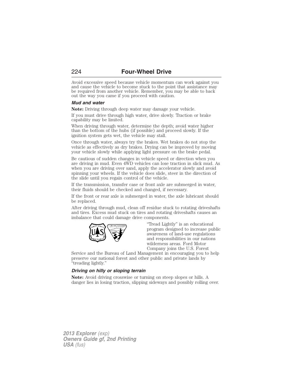 Mud and water, Driving on hilly or sloping terrain, 224 four-wheel drive | FORD 2013 Explorer v.2 User Manual | Page 224 / 565