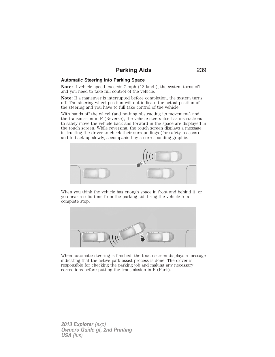 Automatic steering into parking space, Parking aids 239 | FORD 2013 Explorer v.2 User Manual | Page 239 / 565
