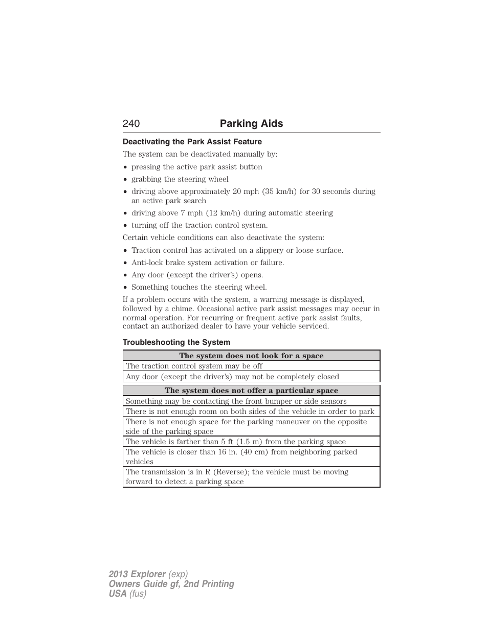 Deactivating the park assist feature, Troubleshooting the system, 240 parking aids | FORD 2013 Explorer v.2 User Manual | Page 240 / 565