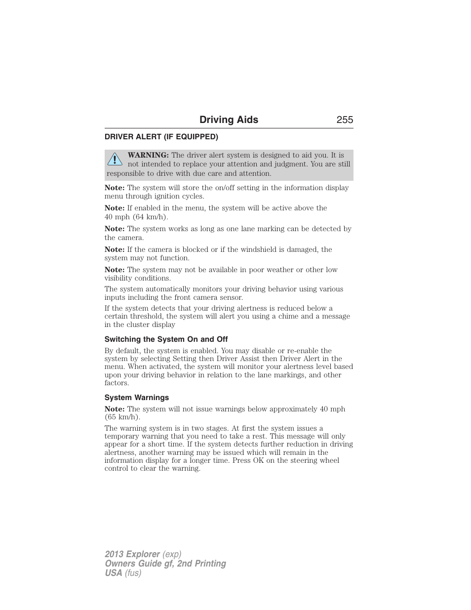 Driving aids, Driver alert (if equipped), Switching the system on and off | System warnings, Driver alert, Driving aids 255 | FORD 2013 Explorer v.2 User Manual | Page 255 / 565