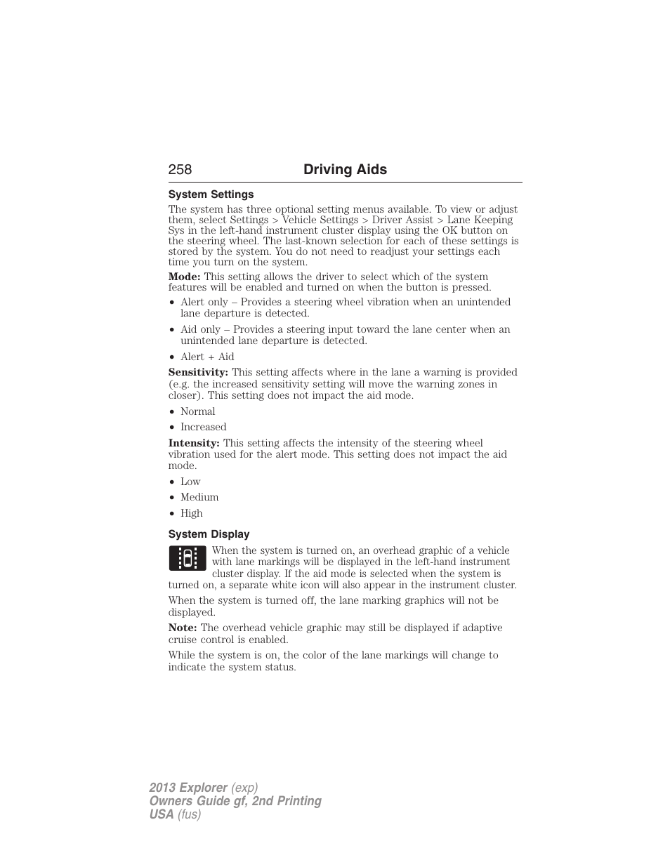 System settings, System display, 258 driving aids | FORD 2013 Explorer v.2 User Manual | Page 258 / 565