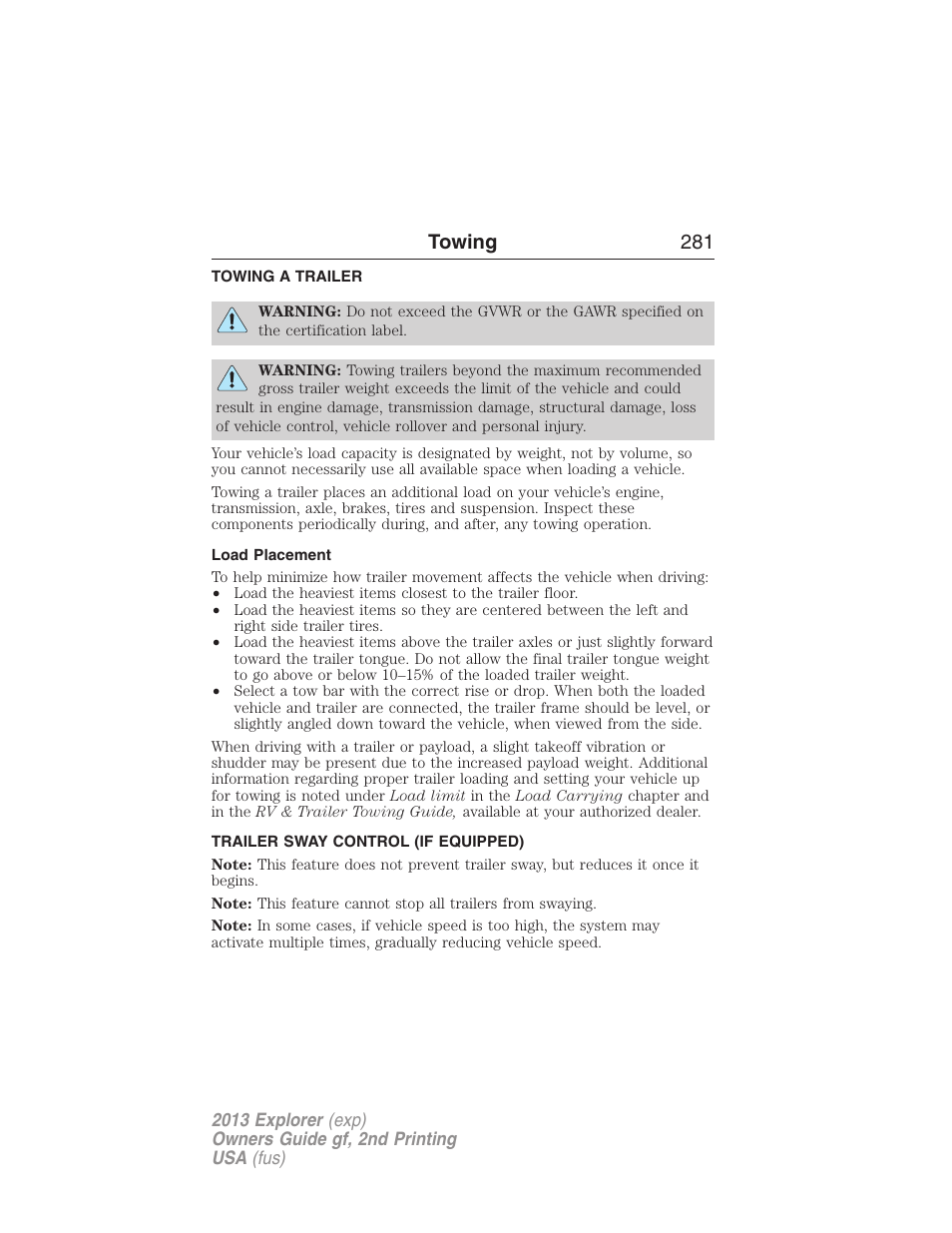 Towing, Towing a trailer, Load placement | Trailer sway control (if equipped), Trailer towing, Towing 281 | FORD 2013 Explorer v.2 User Manual | Page 281 / 565