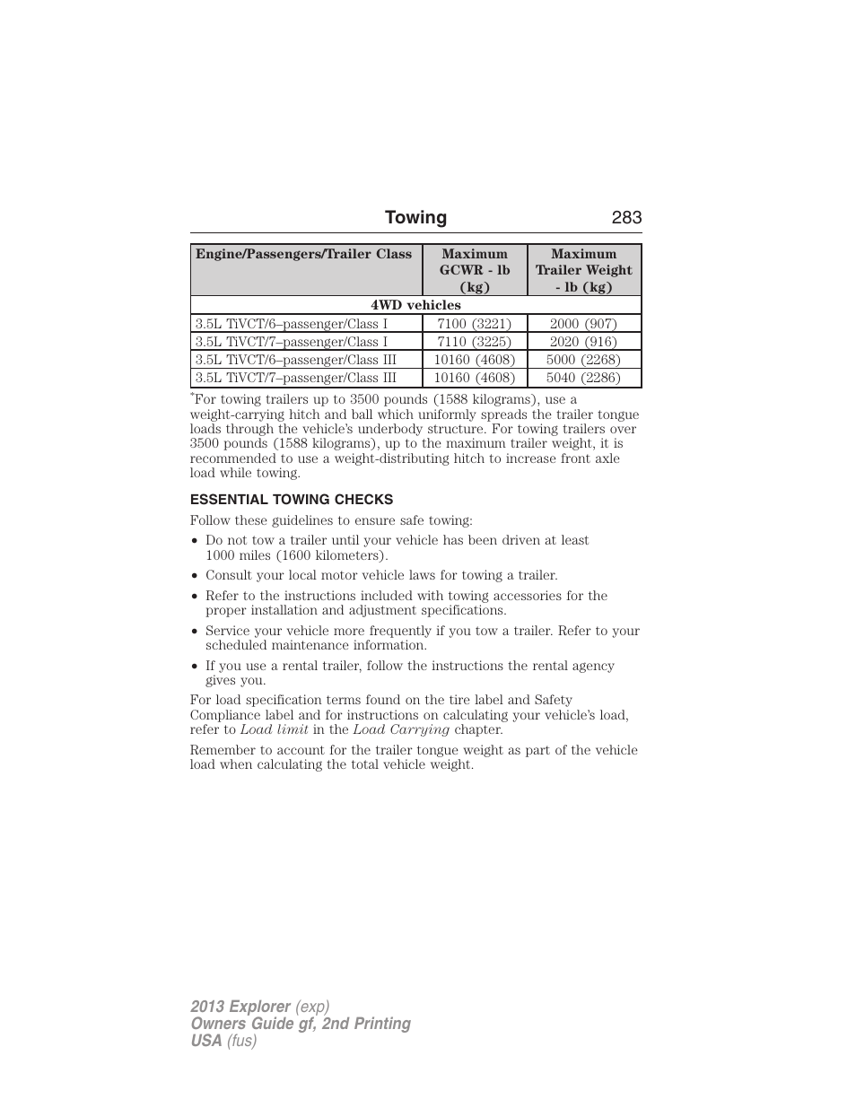 Essential towing checks, Towing 283 | FORD 2013 Explorer v.2 User Manual | Page 283 / 565