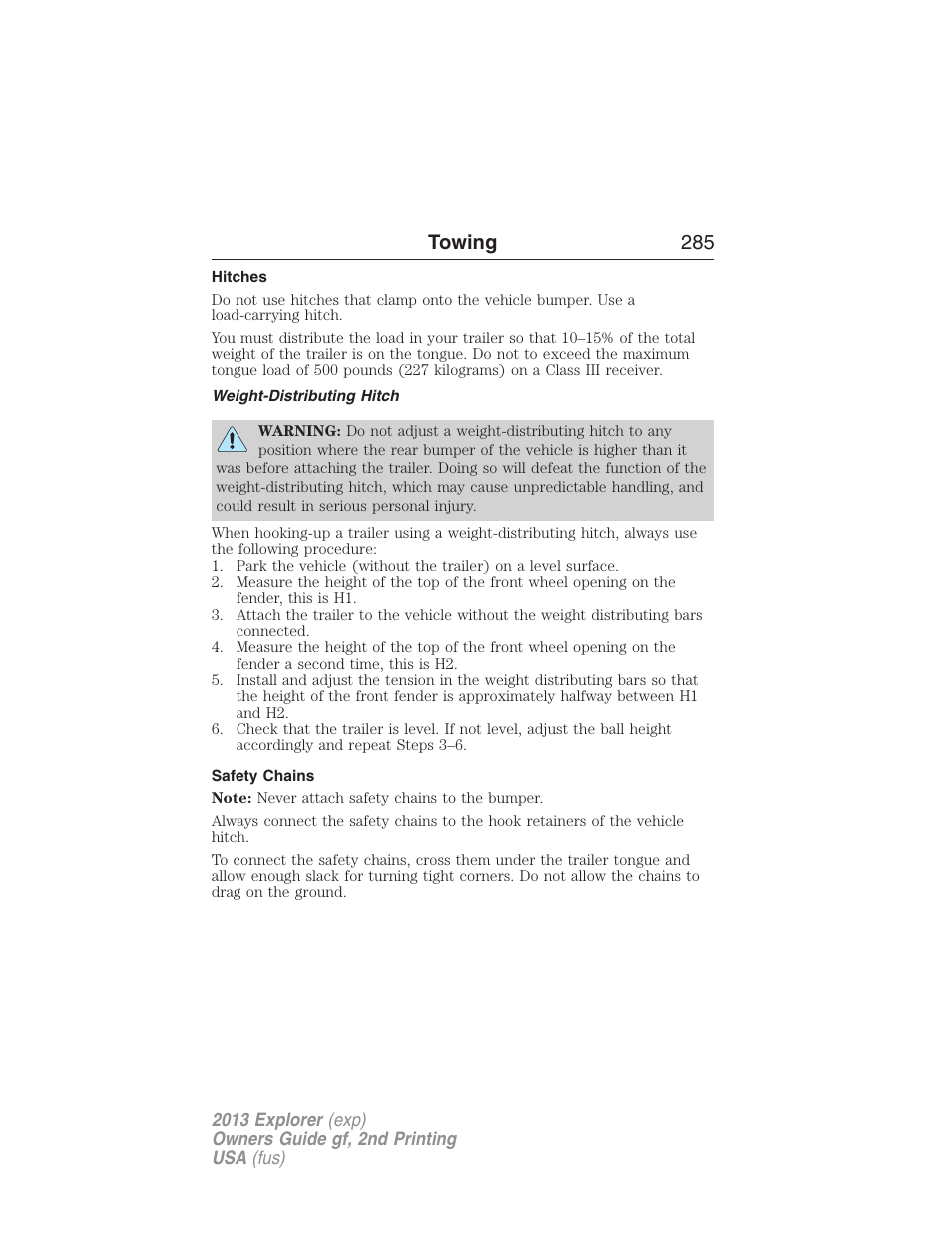 Hitches, Weight-distributing hitch, Safety chains | Towing 285 | FORD 2013 Explorer v.2 User Manual | Page 285 / 565