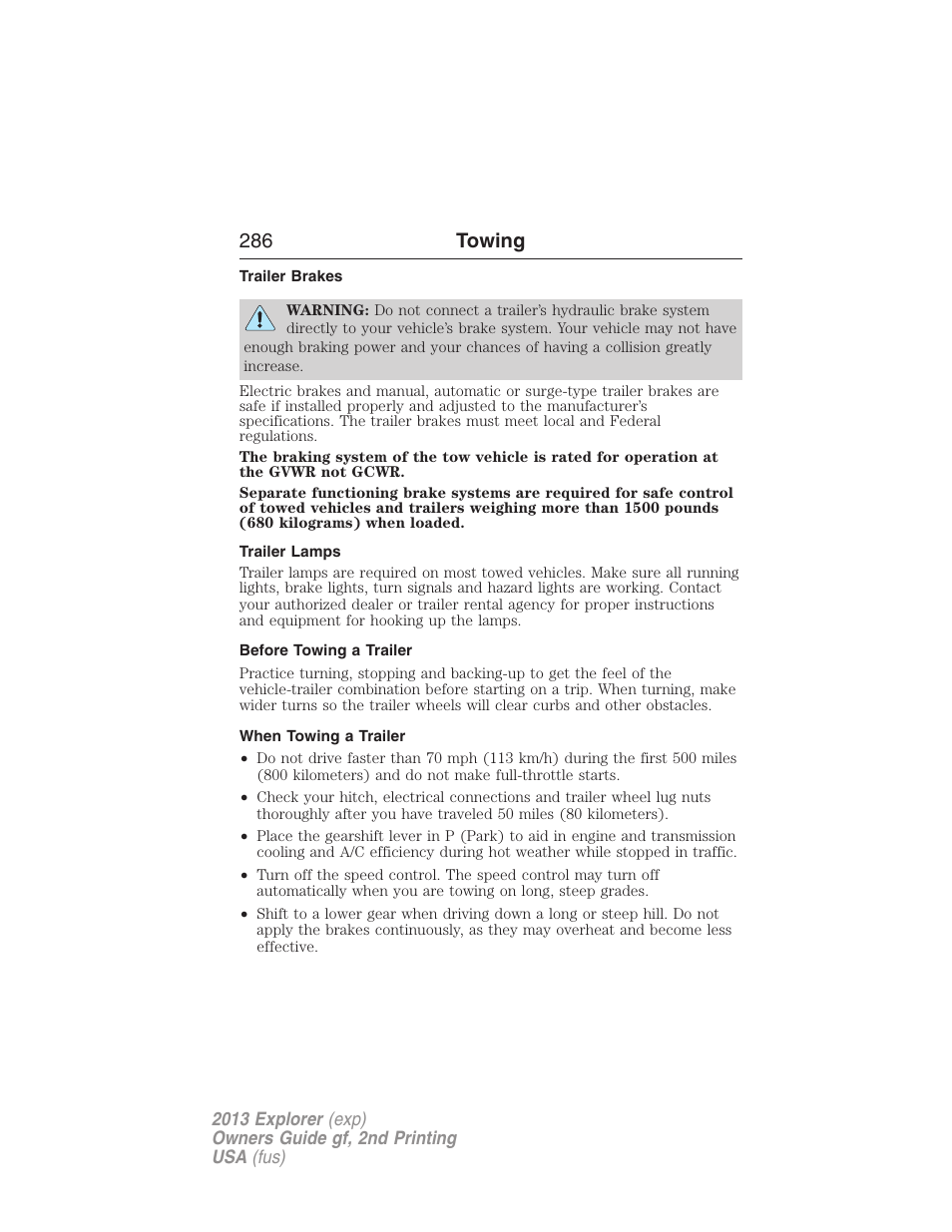 Trailer brakes, Trailer lamps, Before towing a trailer | When towing a trailer, 286 towing | FORD 2013 Explorer v.2 User Manual | Page 286 / 565