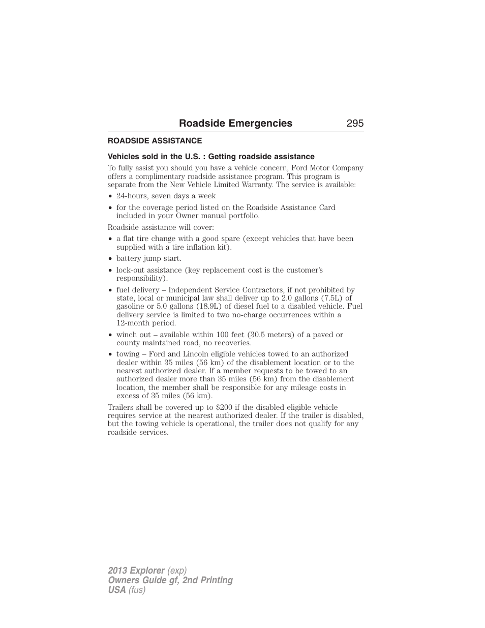 Roadside emergencies, Roadside assistance, Getting roadside assistance | Roadside emergencies 295 | FORD 2013 Explorer v.2 User Manual | Page 295 / 565