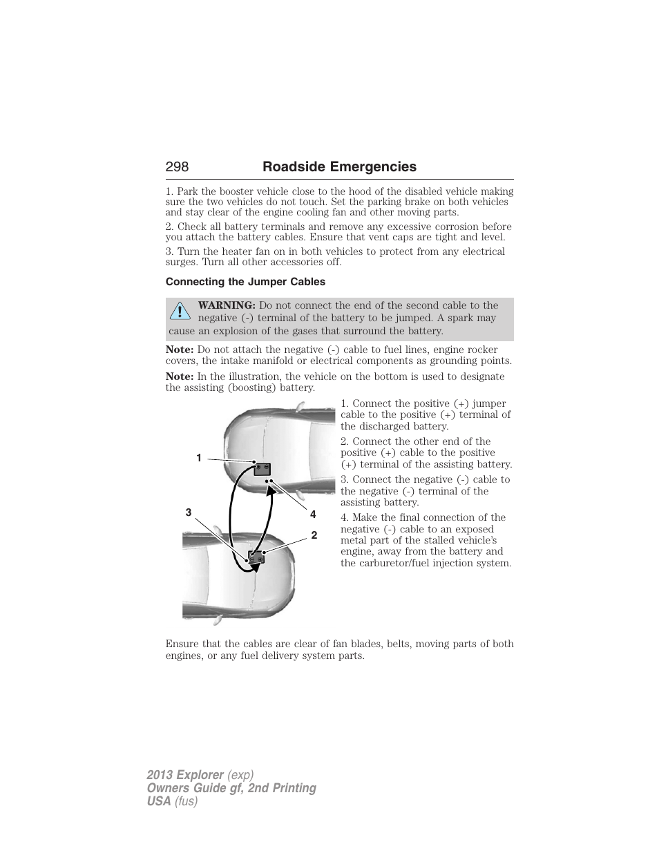 Connecting the jumper cables, 298 roadside emergencies | FORD 2013 Explorer v.2 User Manual | Page 298 / 565