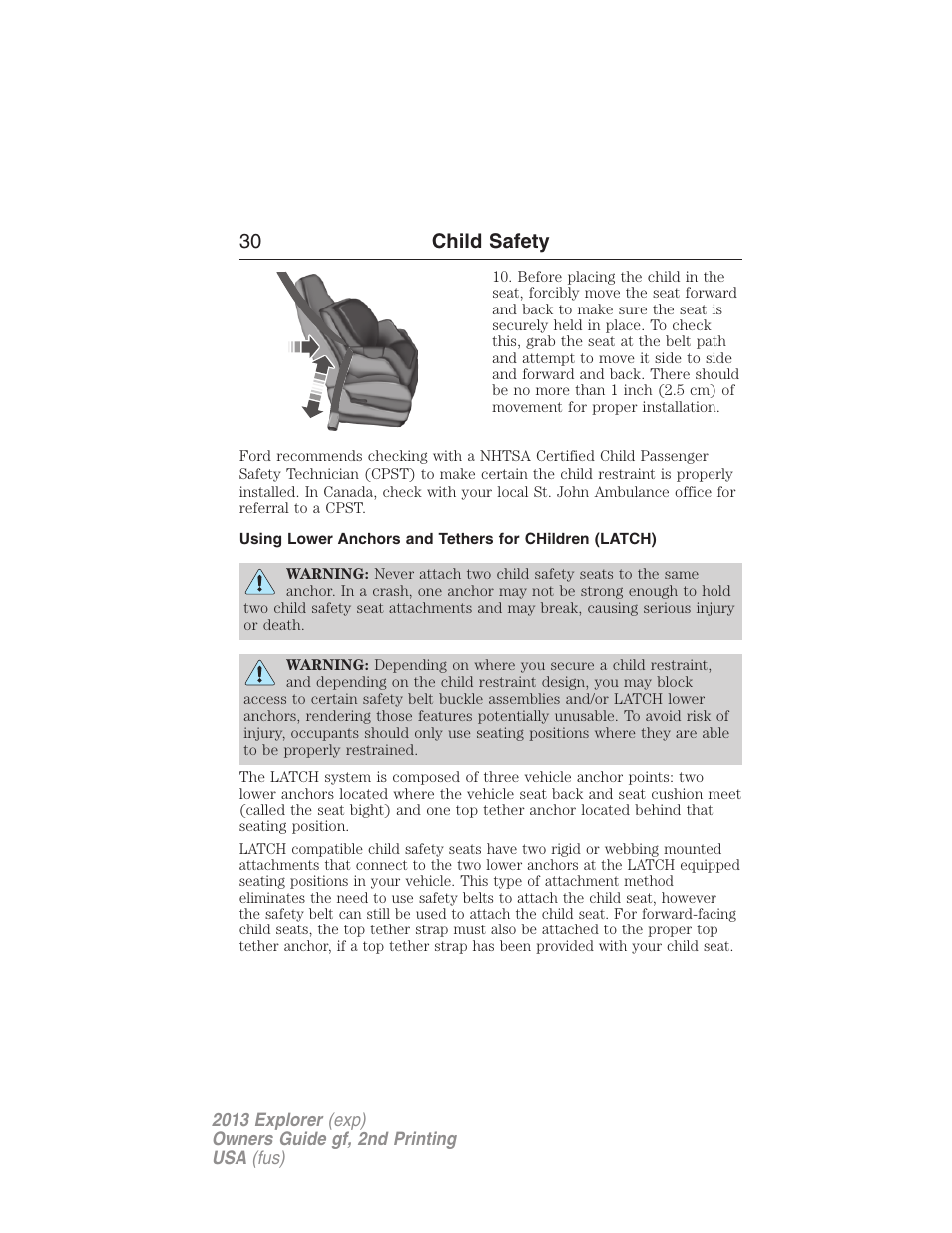 30 child safety | FORD 2013 Explorer v.2 User Manual | Page 30 / 565