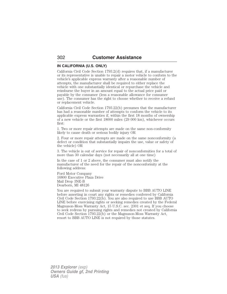 In california (u.s. only), 302 customer assistance | FORD 2013 Explorer v.2 User Manual | Page 302 / 565