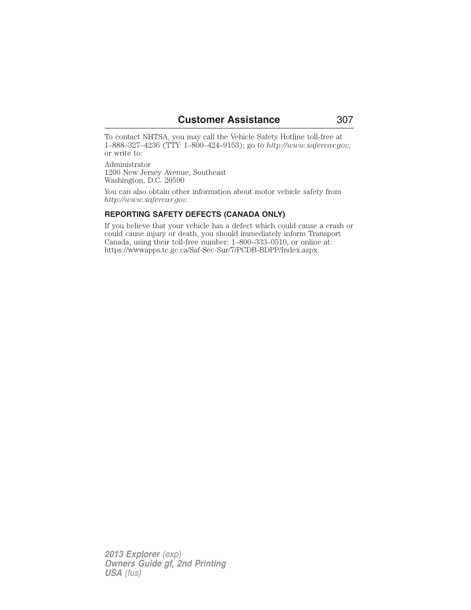 Reporting safety defects (canada only) | FORD 2013 Explorer v.2 User Manual | Page 307 / 565