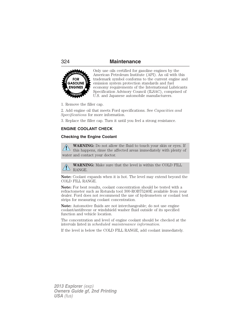 Engine coolant check, Checking the engine coolant, 324 maintenance | FORD 2013 Explorer v.2 User Manual | Page 324 / 565