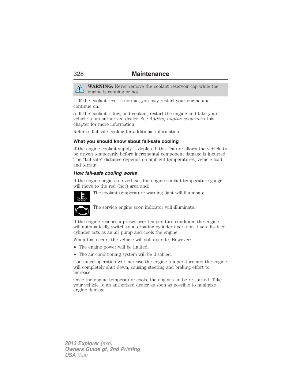 What you should know about fail-safe cooling, How fail-safe cooling works, 328 maintenance | FORD 2013 Explorer v.2 User Manual | Page 328 / 565