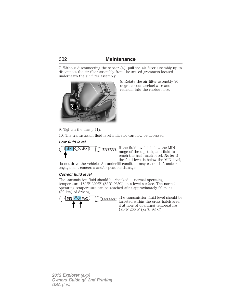 Low fluid level, Correct fluid level, 332 maintenance | FORD 2013 Explorer v.2 User Manual | Page 332 / 565