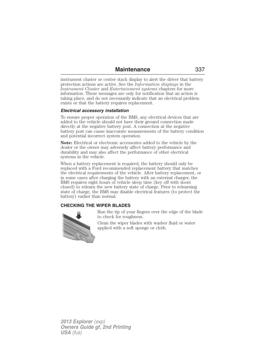 Electrical accessory installation, Checking the wiper blades, Maintenance 337 | FORD 2013 Explorer v.2 User Manual | Page 337 / 565