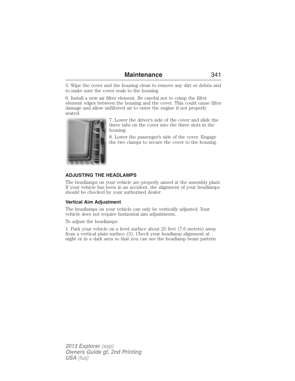 Adjusting the headlamps, Vertical aim adjustment, Maintenance 341 | FORD 2013 Explorer v.2 User Manual | Page 341 / 565