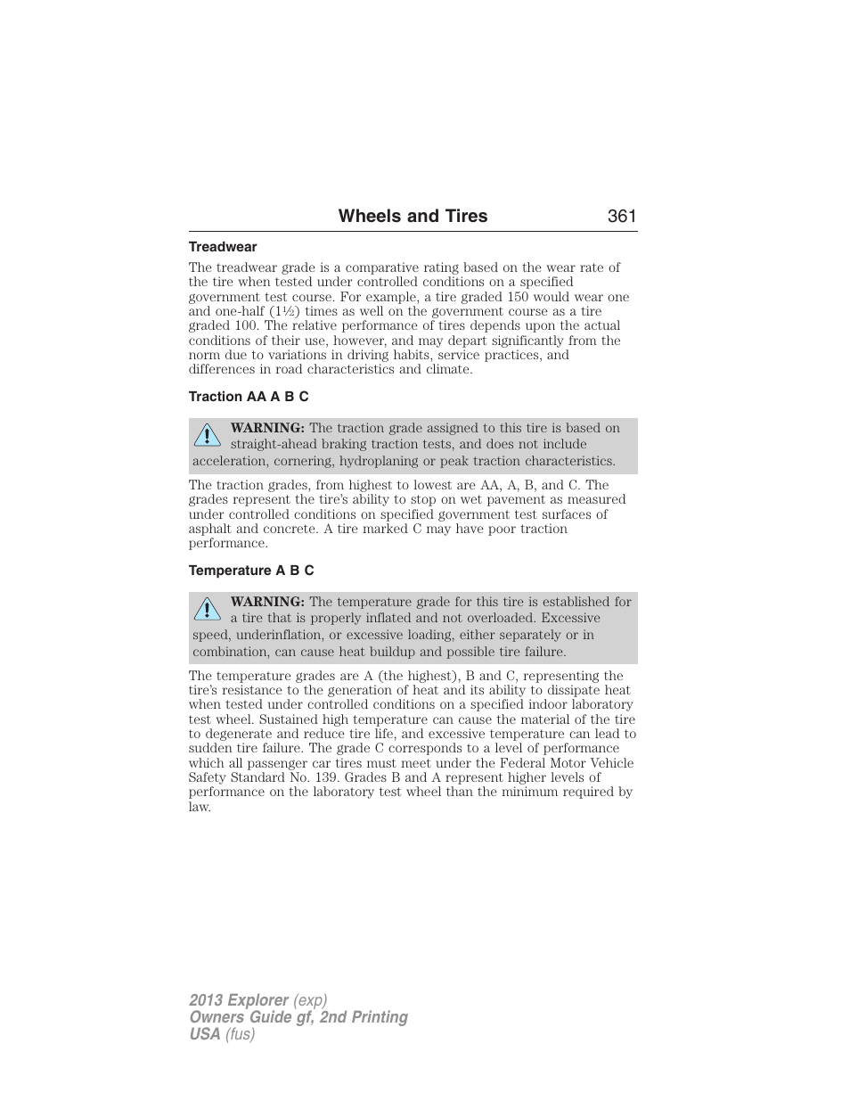 Treadwear, Traction aa a b c, Temperature a b c | Wheels and tires 361 | FORD 2013 Explorer v.2 User Manual | Page 361 / 565