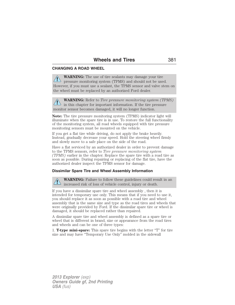 Changing a road wheel, Wheels and tires 381 | FORD 2013 Explorer v.2 User Manual | Page 381 / 565