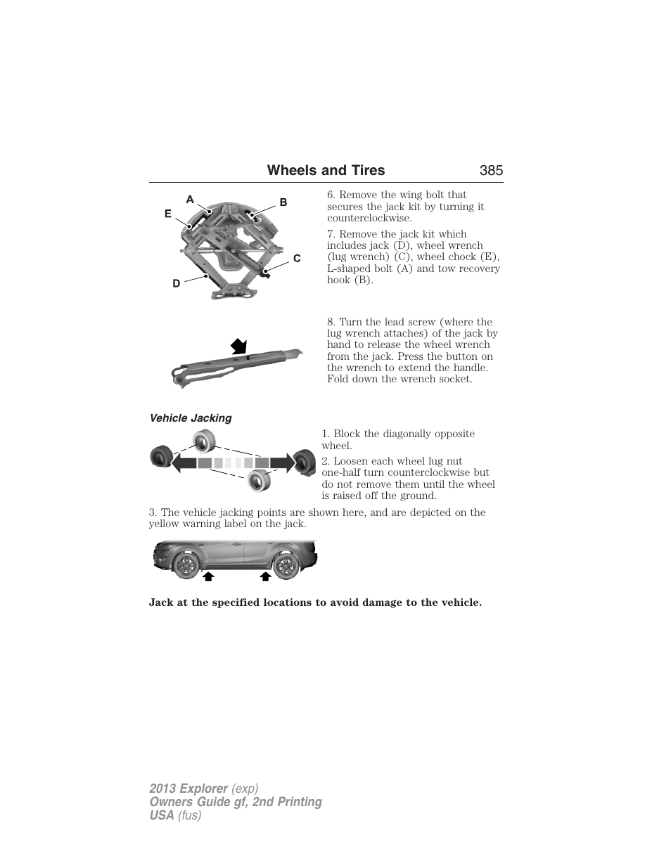 Vehicle jacking, Wheels and tires 385 | FORD 2013 Explorer v.2 User Manual | Page 385 / 565