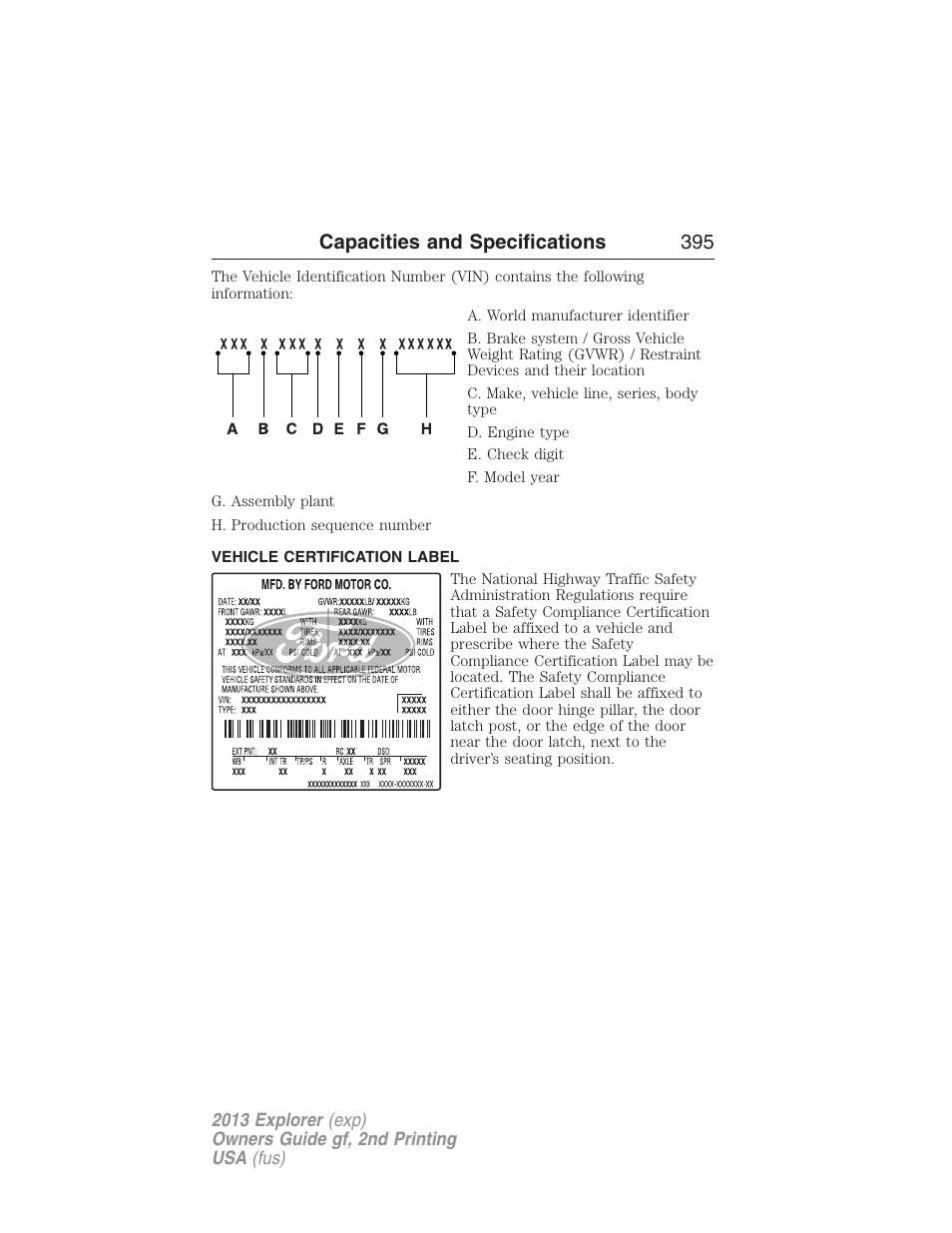 Vehicle certification label, Capacities and specifications 395 | FORD 2013 Explorer v.2 User Manual | Page 395 / 565