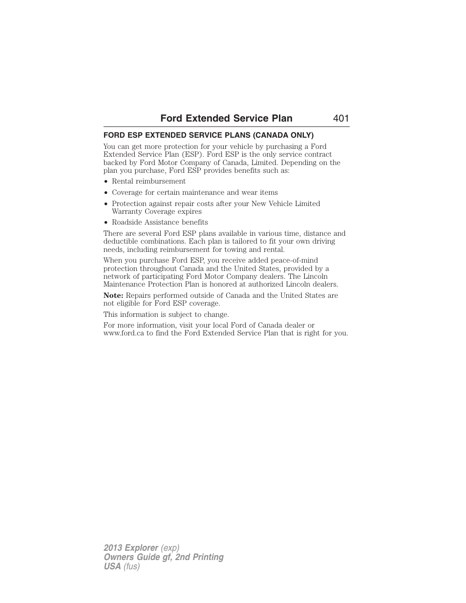 Ford esp extended service plans (canada only), Ford extended service plan 401 | FORD 2013 Explorer v.2 User Manual | Page 401 / 565