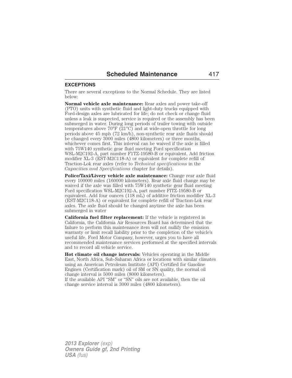 Exceptions, Scheduled maintenance 417 | FORD 2013 Explorer v.2 User Manual | Page 417 / 565