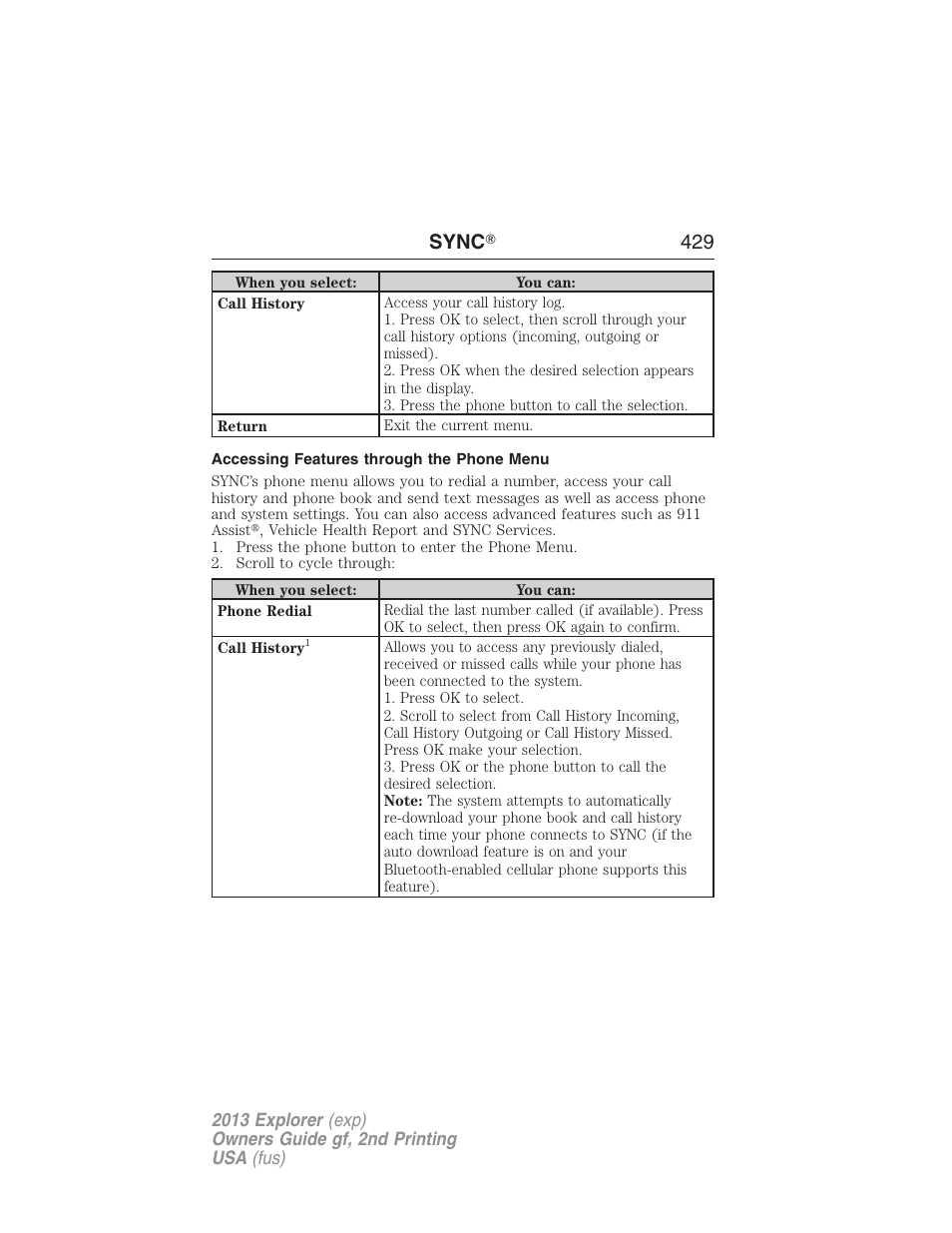 Accessing features through the phone menu, Sync ா 429 | FORD 2013 Explorer v.2 User Manual | Page 429 / 565