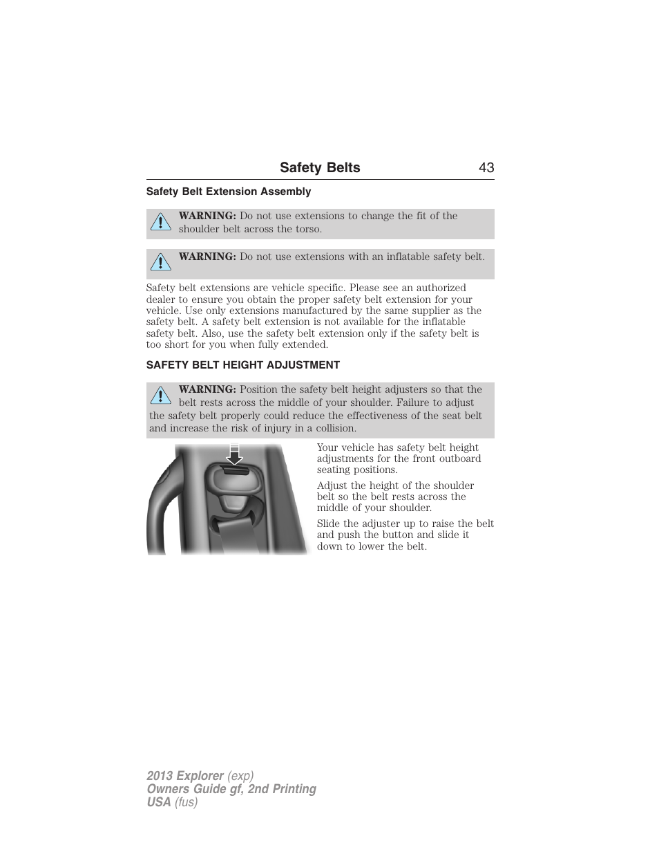 Safety belt extension assembly, Safety belt height adjustment, Safety belts 43 | FORD 2013 Explorer v.2 User Manual | Page 43 / 565