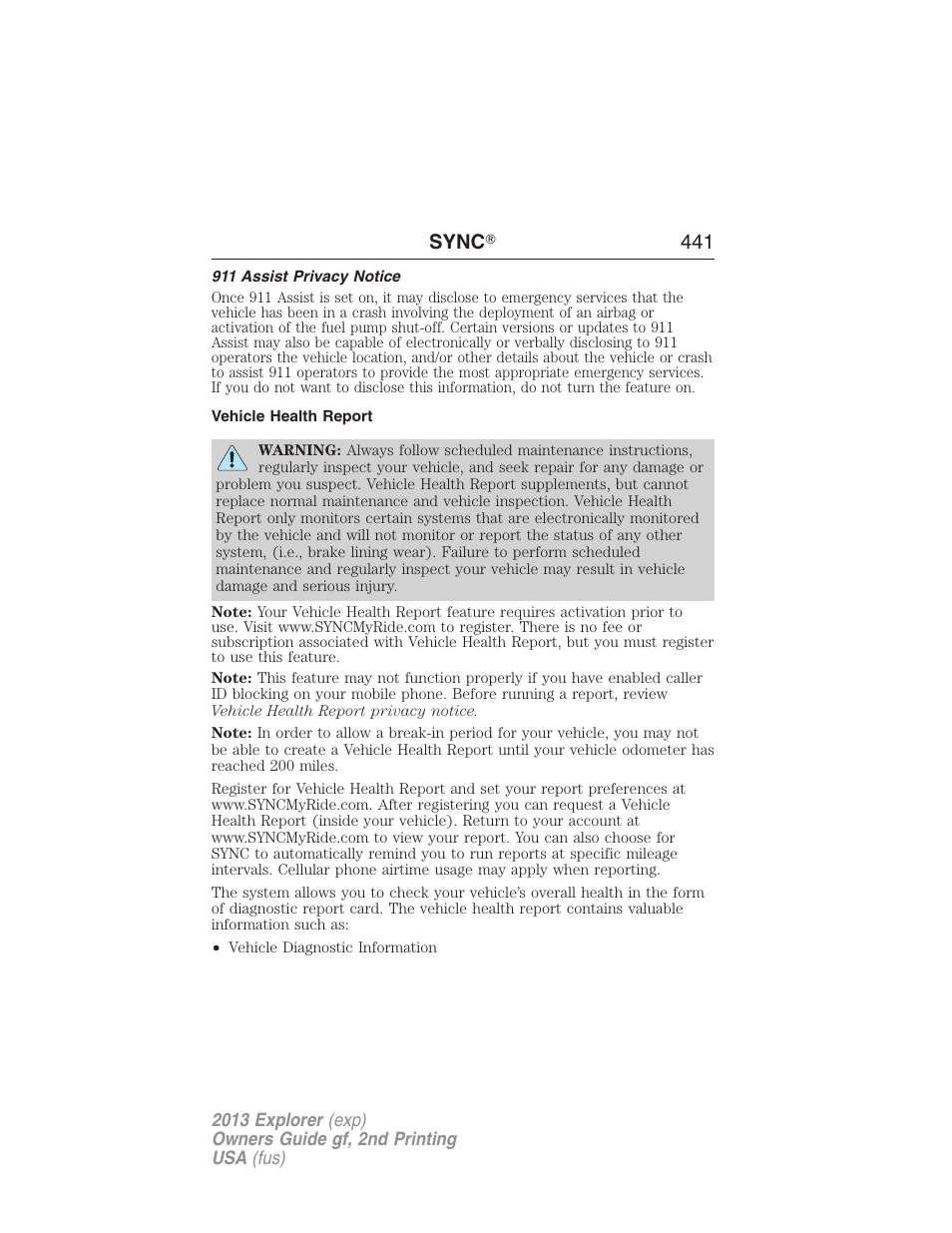 911 assist privacy notice, Vehicle health report, Sync ா 441 | FORD 2013 Explorer v.2 User Manual | Page 441 / 565