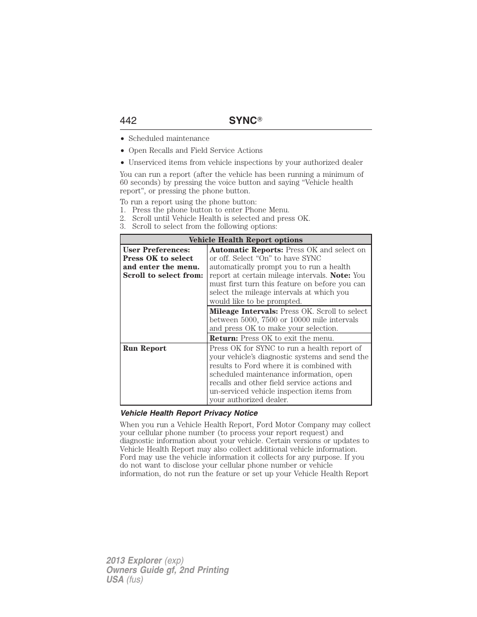 Vehicle health report privacy notice, 442 sync | FORD 2013 Explorer v.2 User Manual | Page 442 / 565