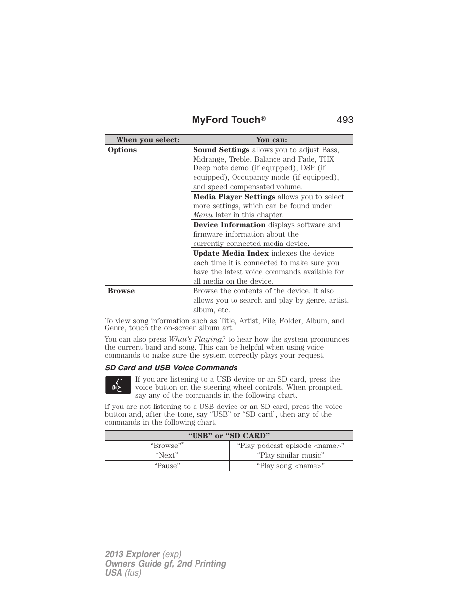 Sd card and usb voice commands, Myford touch ா 493 | FORD 2013 Explorer v.2 User Manual | Page 493 / 565