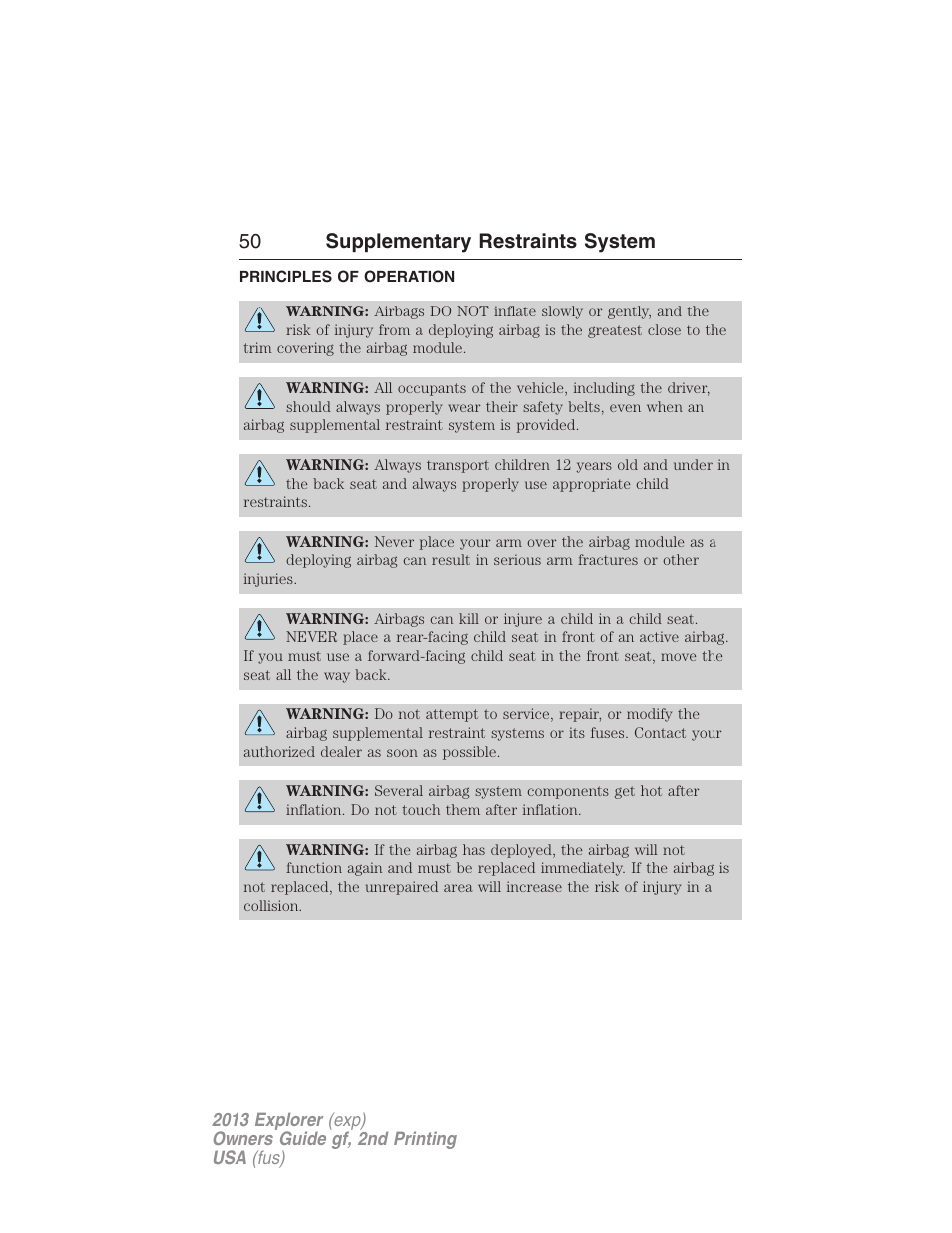 Supplementary restraints system, Principles of operation, 50 supplementary restraints system | FORD 2013 Explorer v.2 User Manual | Page 50 / 565