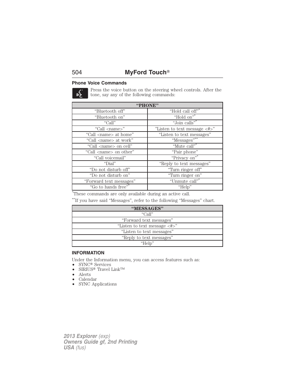 Phone voice commands, Information, Information menu | 504 myford touch | FORD 2013 Explorer v.2 User Manual | Page 504 / 565