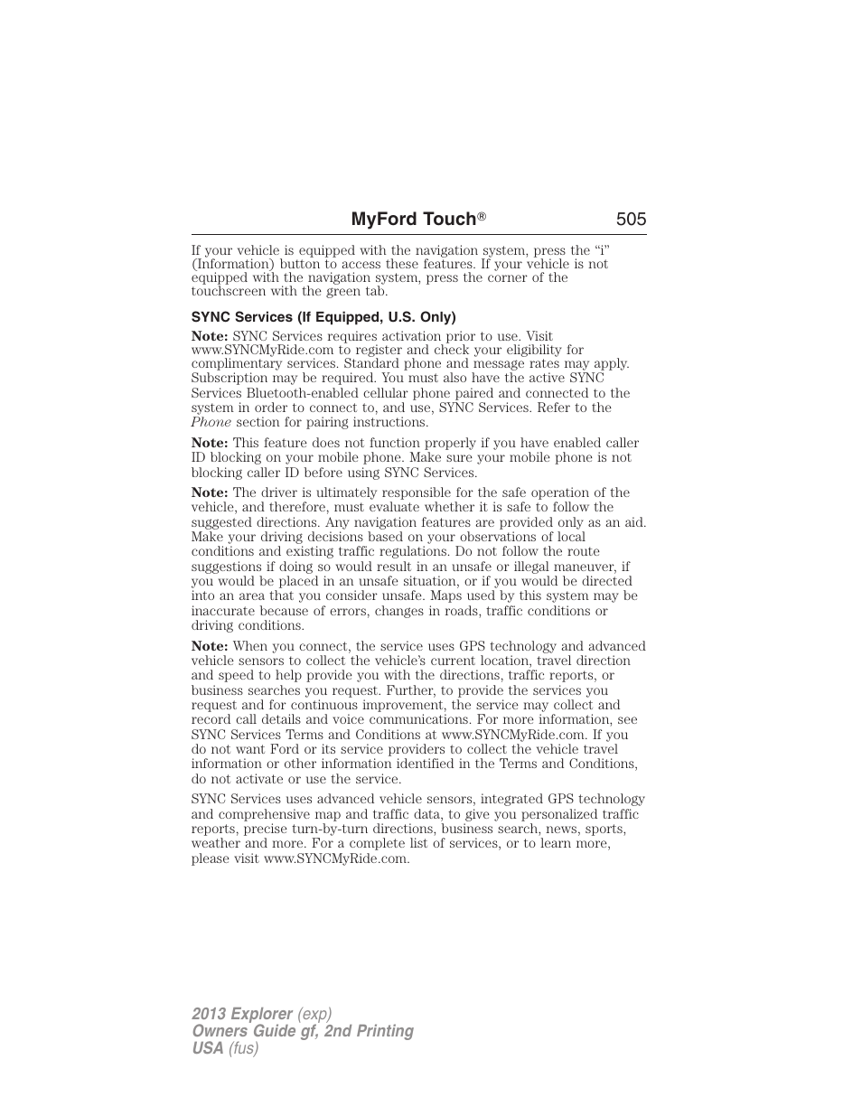 Sync services (if equipped, u.s. only) | FORD 2013 Explorer v.2 User Manual | Page 505 / 565