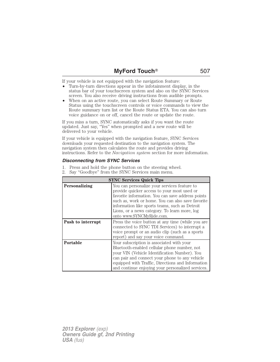 Disconnecting from sync services, Myford touch ா 507 | FORD 2013 Explorer v.2 User Manual | Page 507 / 565