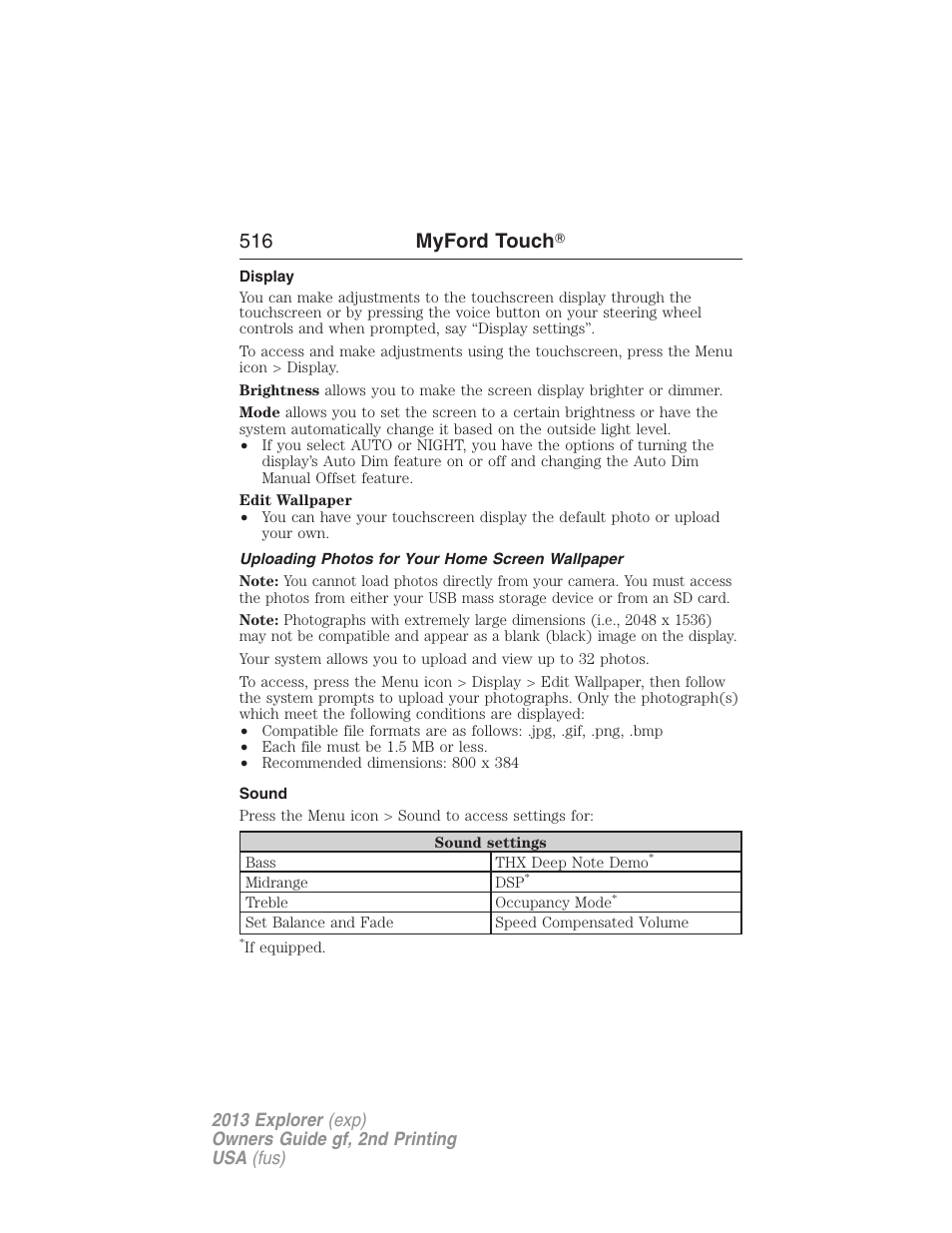 Display, Uploading photos for your home screen wallpaper, Sound | 516 myford touch | FORD 2013 Explorer v.2 User Manual | Page 516 / 565